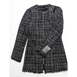 ZARA Frayed Tweed Coat With Faux Leather and Studs Women's Size XS